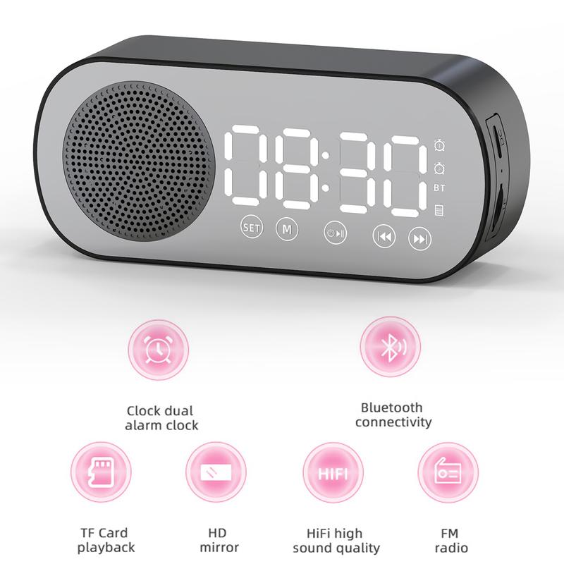 Digital Alarm Clock Bluetooth 5.0 Speaker LED Display Sexy Clocks Mirror Desk Alarm Clock with FM Radio Support TF Card Play Hands-Free Call Dual Alarm Clock with USB Charging Port Adjustable Brightness