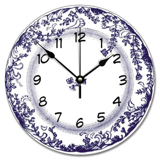 Vintage Blue Delft Plate Wall Clock Rustic Wood Clock 10 Inch Silent Non-Ticking Wooden Wall Clocks Battery Operated Living Room Bedroom Kitchen Farmhouse Decor Christmas Birthday Gift Wedding Decoration