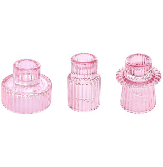 Pink Candlestick Holders Set of 3 Glass Candle Holders for Taper Candles,Pillar Candles and Tealight Candles