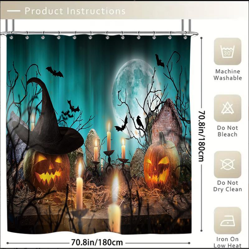 Halloween Themed Shower Curtain, Waterproof Bathroom Curtain with 12pcs Plastic Hooks, Bathroom Decor Shower Curtain, Home Decor Supplies