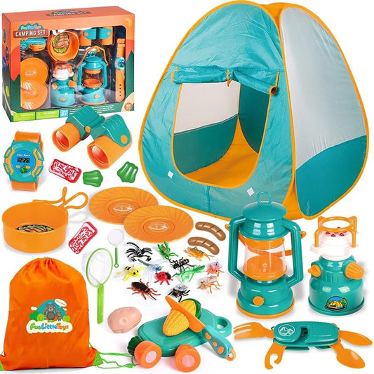 35PCS Kids Camping Play Tent with Toy Accessories Pretend Play Set for Boys Girls