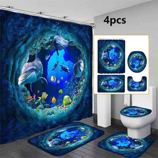 Marine Life Pattern Bathroom Decor Set, 1 Count Shower Curtain Or 4 Counts/set Shower Curtain & Toilet Mat Set, Bathroom Accessories for Home Decor