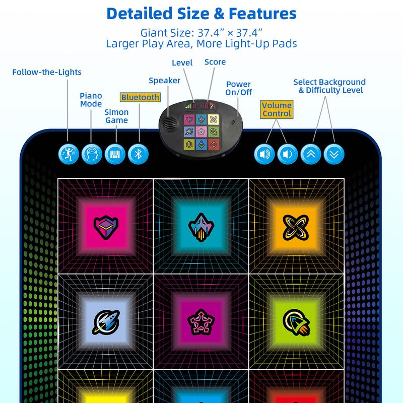 SUNLIN Light Up Dance Mat, Toy Gift for Girls Boys 3-12, Wireless Dance Pad w/ 9 Light-Up Buttons & Bluetooth, Music Pad w/ 4 Game Modes, Volume Control, Birthday Gifts for 3 4 5 6 7 8 Years Old Kids