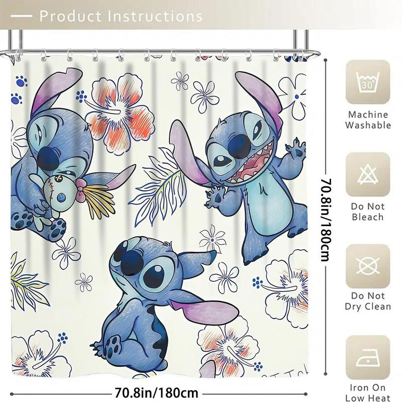 Cartoon Stitch Pattern Bathroom Curtain with Hooks, 1 Count Waterproof Shower Curtain or 4 Counts/set Shower Curtain & Mat Set, Bathroom Accessories