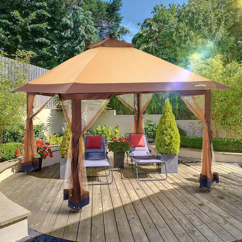 [Limited time deal]12x12 Instant Pop Up Gazebo SolarLight Screen Canopy Tent Cover, Brown