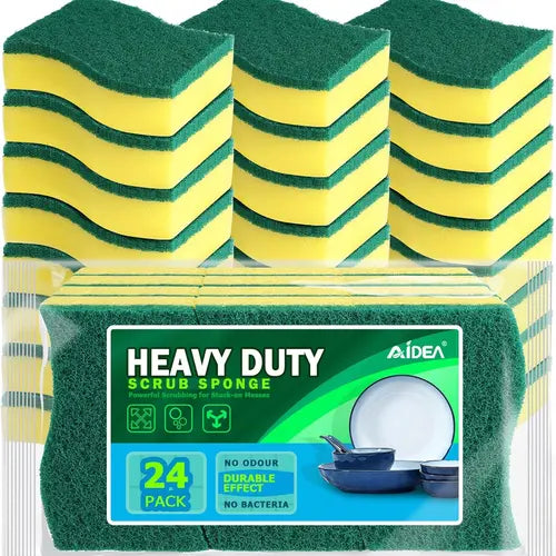 AIDEA Heavy Duty Scrub Sponge-24Count for Cleaning, Stink Free Sponge - Eco-Friendly and Effortless Pads for Dishes, Pots and Pans Kitchen Absorbent Comfortable Household