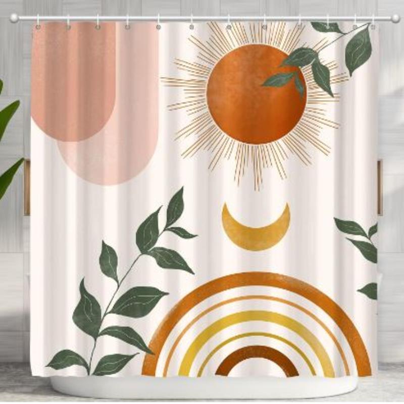 Mid Century Abstract Boho Orange Aesthetic Shower Curtain Set  with 12 Hooks 72x72 Inches