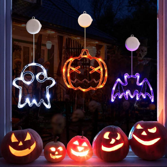 LOLStar Halloween Decorations 3 Pack Orange Pumpkin, White Ghost, Purple Bat Halloween Window Lights with Suction Cup, Battery Operated Halloween Lights, Upgrade Slow Fade Mode and Timer Function