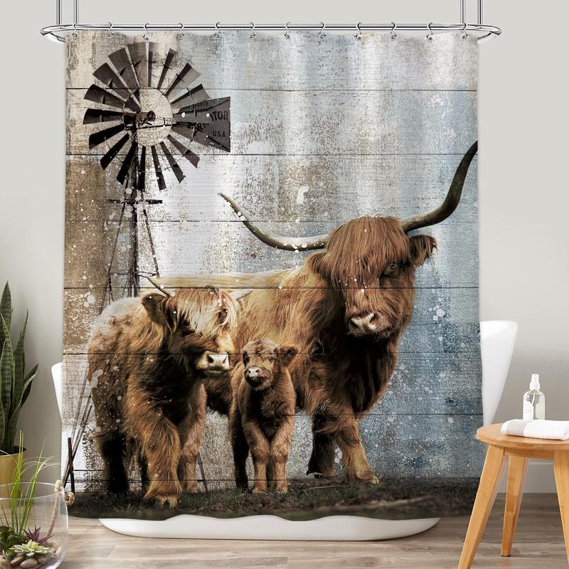 Farmhouse Highland Cow Shower Curtain, Western Bull Country Wooden Windmill Cattle Brown Cow Funny Wild Animals, 12 Pack Hooks, 60Wx72L