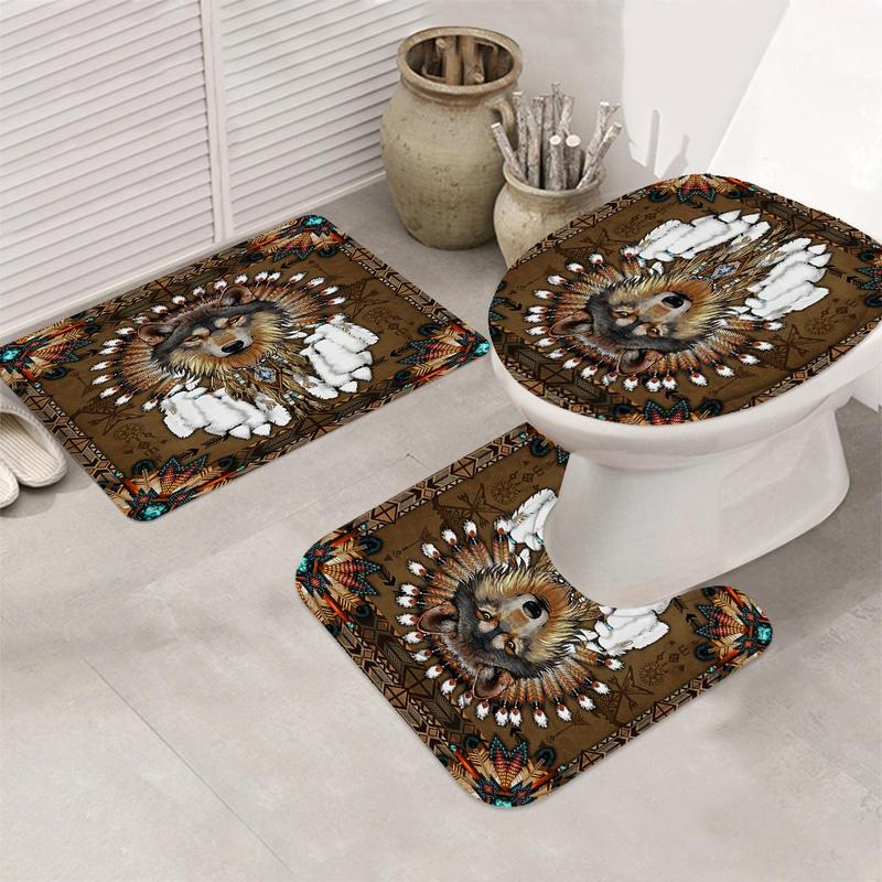 Wolf Pattern Bathroom Decoration, 1 Count Boho Shower Curtain with 12pcs Hooks, or 4counts?Shower Curtain & Bath Mat & Toilet Mat Set, Bathroom Accessories for Home Decor