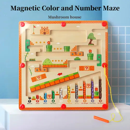 Magnetic Color and Number Maze,  Wooden  Magnet Puzzle Game Board, Magnetic Alphabet Maze, Learning Toys, Christmas Gifts, Summer Back to School Gifts (Mushroom House)