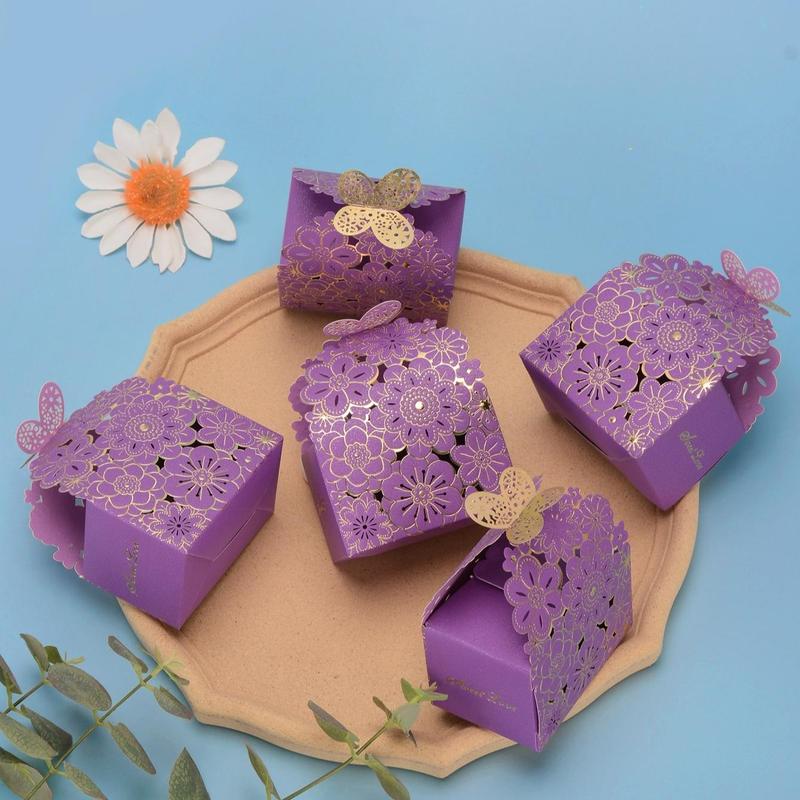 Flower & Butterfly Design Hollow Out Candy Box, 5pcs Paper Candy Packaging Box, Creative DIY Small Gift Box, Spring Theme Party Decoration Supplies