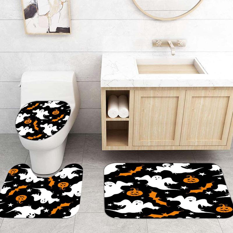 Halloween Ghost and Pumpkin Pattern Bathroom Decor Set, Shower Curtain Sets, 1 Waterproof Shower Curtain & 1 Bathroom Rug & 1 Toilet U-shape Mat & 1 Toilet Lid Cover Pad, Bathroom Accessories