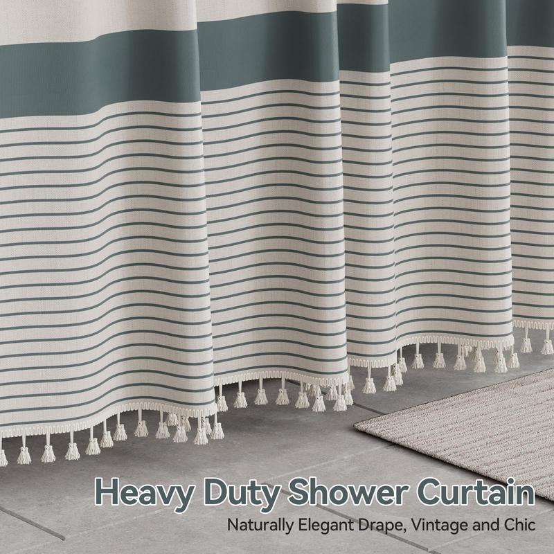 AmazerBath Shower Curtain, Farmhouse Linen Shower Curtain Boho, Striped Decorative Shower Curtain Countryside Beige Tassel Shower Curtain Set with 12 Plastic Shower Curtain Hooks for Bathroom, 72"x72"