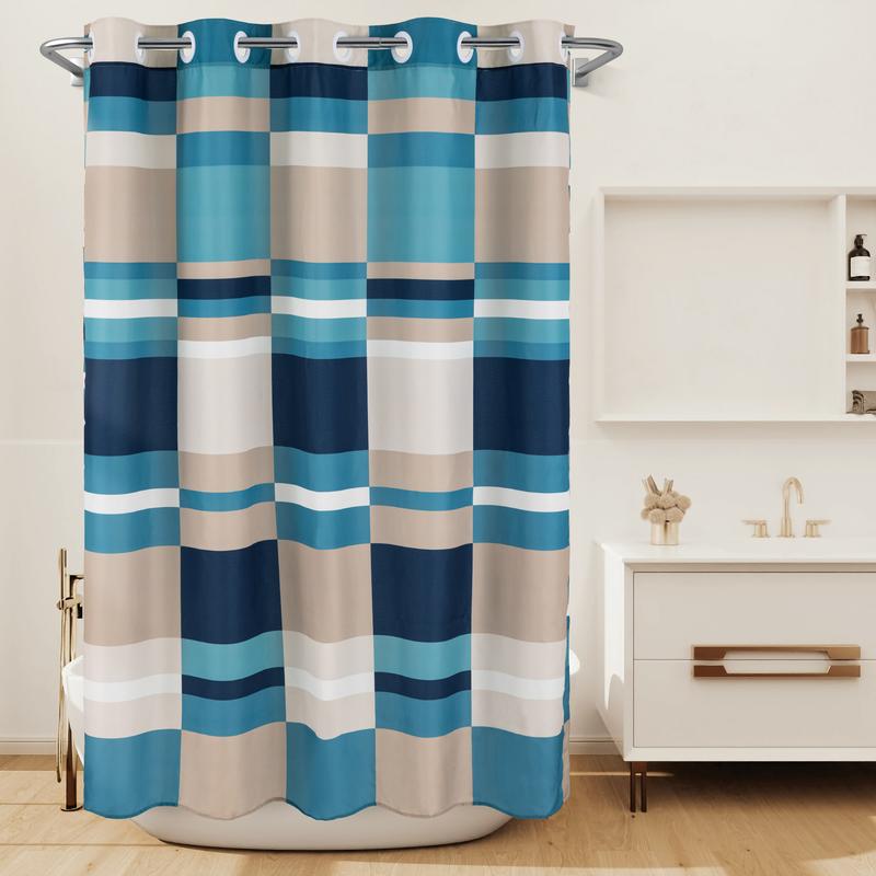 River Dream Modern Geometric Fabric Shower Curtain with Patchwork Plaid Designs,No Hooks Needed,with Magnets,Lake Blue,71x74Inches,New Year gifts