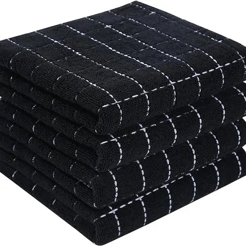 4 Pack Terry Kitchen Towels  Soft and Super Absorbent Dish Towels (Black, 13 x 28 inches) Cleaning Cotton Household Set