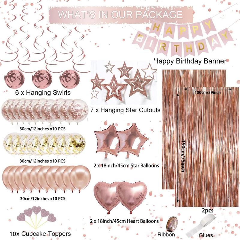 Birthday Party Decoration Kit, Happy Birthday Backdrop, Decorative Party Decor, Rose Gold Fringe Curtain, Heart-shaped Confetti Balloon Set for Birthday Party [package List As Picture Shown]