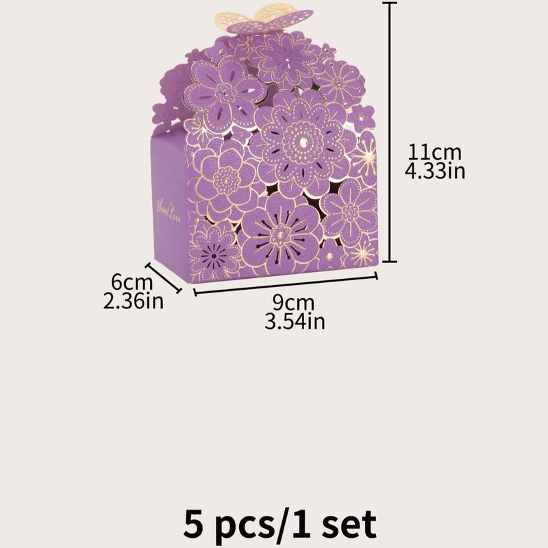 Flower & Butterfly Design Hollow Out Candy Box, 5pcs Paper Candy Packaging Box, Creative DIY Small Gift Box, Spring Theme Party Decoration Supplies