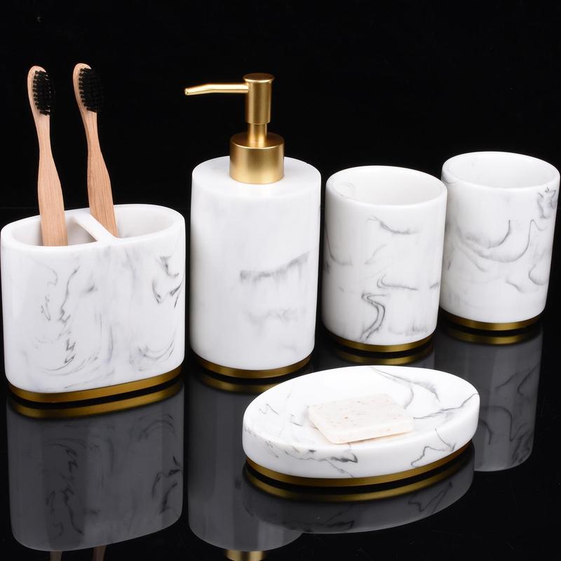 5pcs Marble Pattern Bathroom Set, Including 1 Soap Dispenser, 1 Toothbrush Holder, 1 Soap Bar Dish, 2 Mouthwash Cups, Bathroom Supplies for Home Hotel