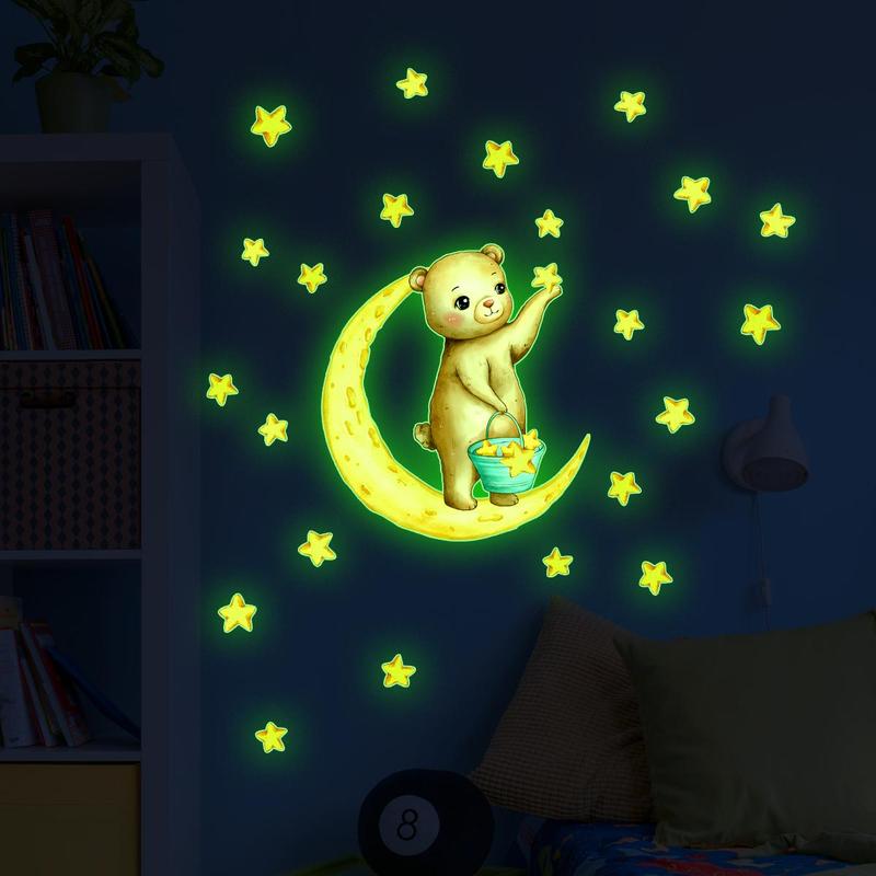 Cartoon Bear & Moon Pattern Luminous Wall Sticker, 3 Counts/set Self Adhesive Wall Decal, Decorative Sticker for Home Bedroom Living Room