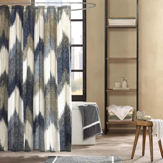 INK+IVY Alpine Cotton Printed Shower Curtain - Broken Chevron Design in Blue and Taupe