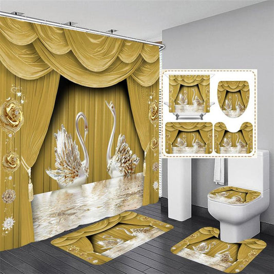 Swan Pattern Curtain Set, 4 Counts/set Including 3 Counts Mats and 1 Count Waterproof Shower Curtain with 12pcs Hooks, Bathroom Set, Summer Gift Ideas