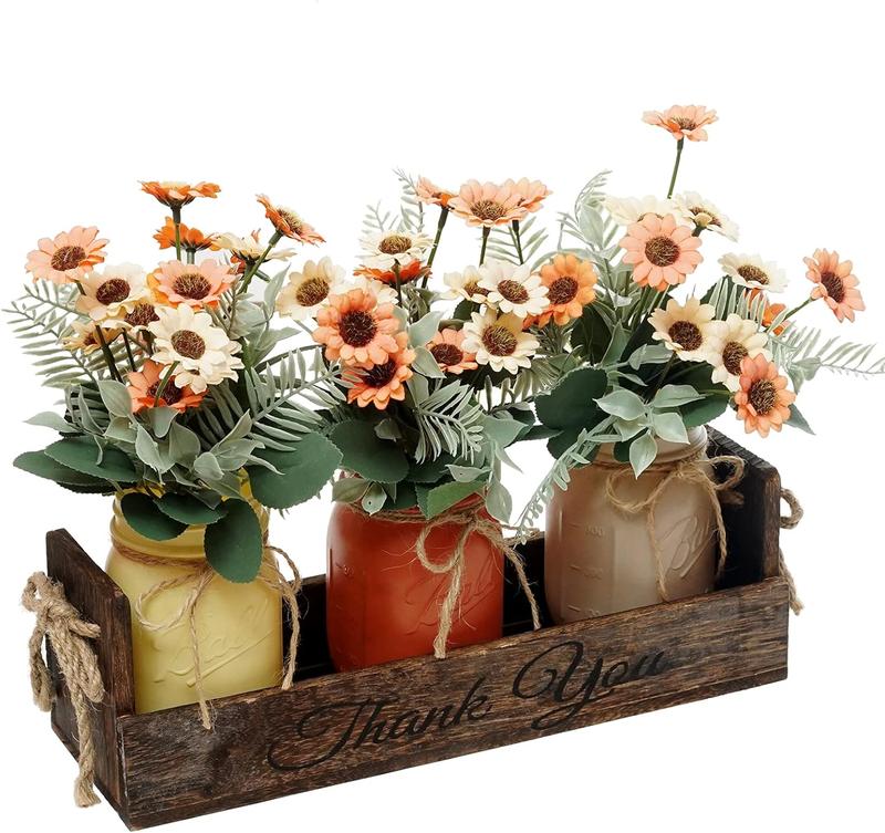 3 Pcs Painted Mason Jar Centerpiece with Wood Tray for Table Decor Plastic Set Farmhouse