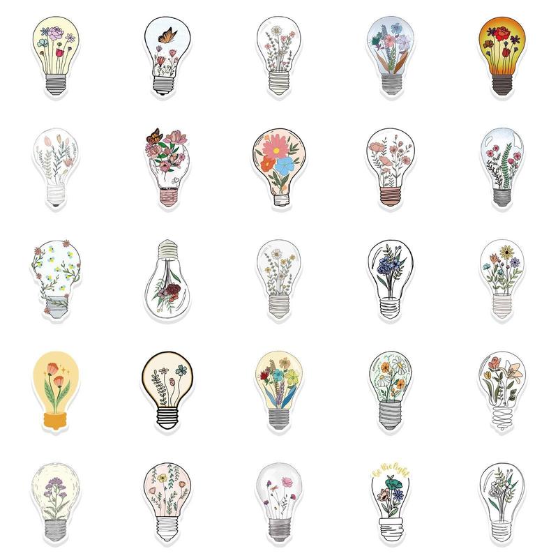 Cartoon Flower & Lamp Bulb Pattern Decorative Sticker?For Creative DIY, 50pcs?Scrapbooking & Journal Making Material Paper, DIY Decorative Sticker Sets