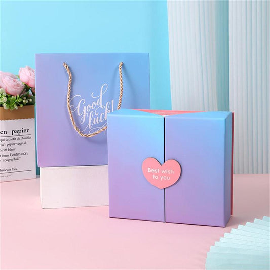 Gift Box & Gift Bag Set, 1 Set Creative Heart Gradient Color Blank Gift Box with Gift Bag Set, Gift Packaging Supplies