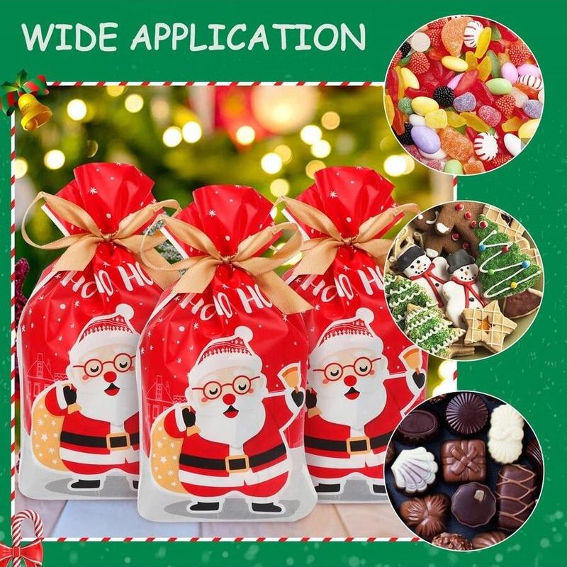 Christmas Theme Party Candy Gift Storage Bag, 50pcs/set?Cartoon Santa Claus Pattern Party Favor Bag With Drawstring, Candy?Bag, Christmas Party Supplies