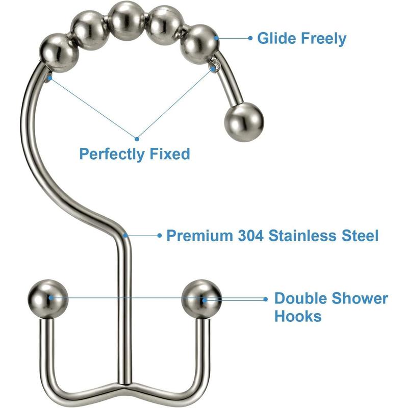 Shower Curtain Hooks Rings, Double Sided Shower Hooks Rust Proof for Bathroom Shower Rods Curtain, Durable Stainless Steel Bathroom Shower Curtain Hangers, Brushed Nickel, Set of 12