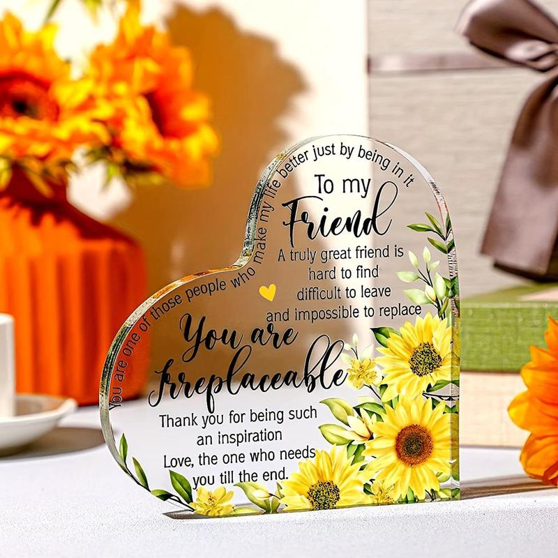 Mean Girls Decorations, 1 Piece Acrylic Friendship Heart Shaped Plaque Signs, Sunflower & Slogan Pattern Creative Home Decoration Ornament for Living Room Bedroom, Gifts for Friend