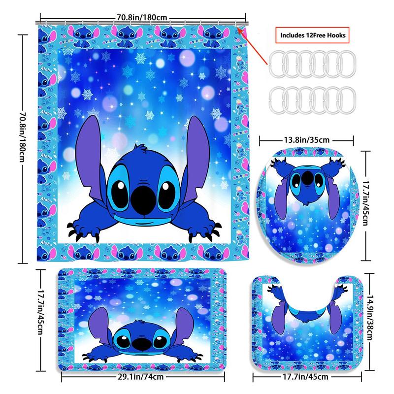 Cartoon Stitch Pattern Bathroom Curtain with 12 Hooks, 1 Count Waterproof Shower Curtain or 4 Counts/set Curtain & Mat Set, Home Decor Supplies