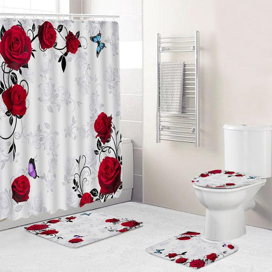 Heart & Flower Pattern Bathroom Set, 4pcs/set Including Shower Curtain, Toilet Mat, Bathroom Rug & Toilet Lid Cover, Modern Fashion Textured Bathroom Accessories