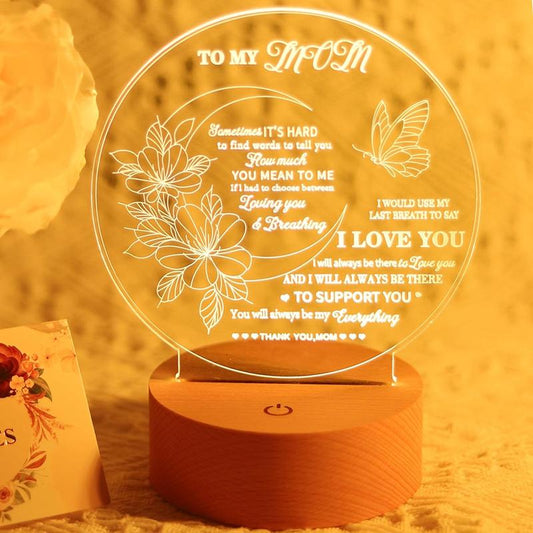 Mothers Day Gifts from Daughter Son,Top Mother's Day Presents Ideas, Mom Birthday Gift,3D Acrylic Night Lamp with Wooden Base and Greeting Card,3 Colors Touch Control (to My mom)