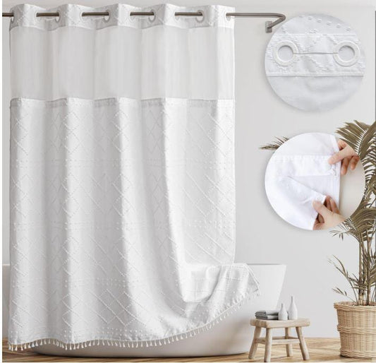 Farmhouse Shower Curtain with Snap-in Liner,No Hooks Needed ,Fabric Shower Curtains with Tassels for Rustic Neutral Bathroom Decor,with magnets,Water Repellent & Machine Washable,White,71x74Inch