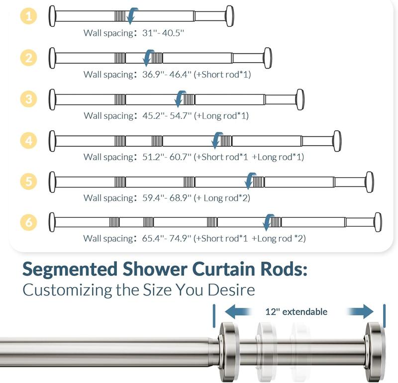 AmazerBath Spring Tension Shower Curtain Rod, Heavy Duty Shower Curtain Rod Rust Proof Bathroom Curtain Rod, Adjustable Shower Curtain Rod No Drill Wall Easy Segmented Installation