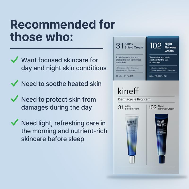 Kineff Dermacycle Program (All-day & Night) Centella Asiatica Niacinamide Tocotrienol Facial Cream (30mL x2) Skincare Intensive Hyaluronic Acid Peptides Shea Butter Rice Bran Oil Avocado Extract