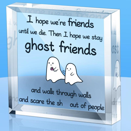 Creative Cartoon Ghost & Letter Pattern Square Acrylic Plaque, Desktop Decorative Ornament, Friendship Gift for Friend, Farewell Gift for Bestie, Keepsake for Home and Office Decor