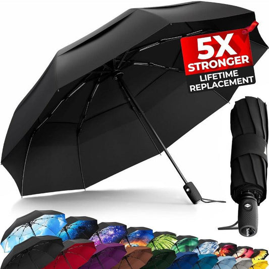 Windproof Travel Umbrella (Compact & Beautiful), Small Strong but Light Portable and Automatic Folding Rain Umbrella, Durable Grip, Fits Car & Backpack