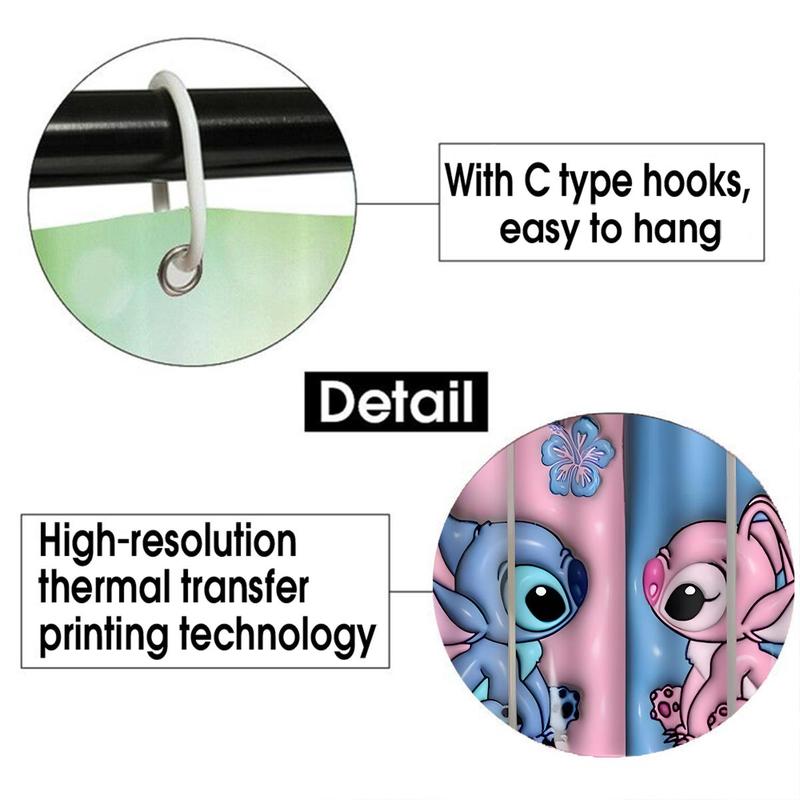 Cartoon Stitch Pattern Bathroom Curtain with 12 Hooks, Anti-slip Bathroom Carpet, U-shaped Toilet Mat, Toilet Cover Mat, Bathroom Decor, Bathroom Supplies, Trending Home Decor 2024