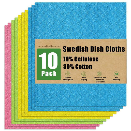 Swedish Dishcloths for Kitchen, 10 Pack Reusable and Washable Cellulose Sponge Cloths Dish Towels, Absorbent and No Odor Paper Towels for Dishes £¦ Counters, Assorted