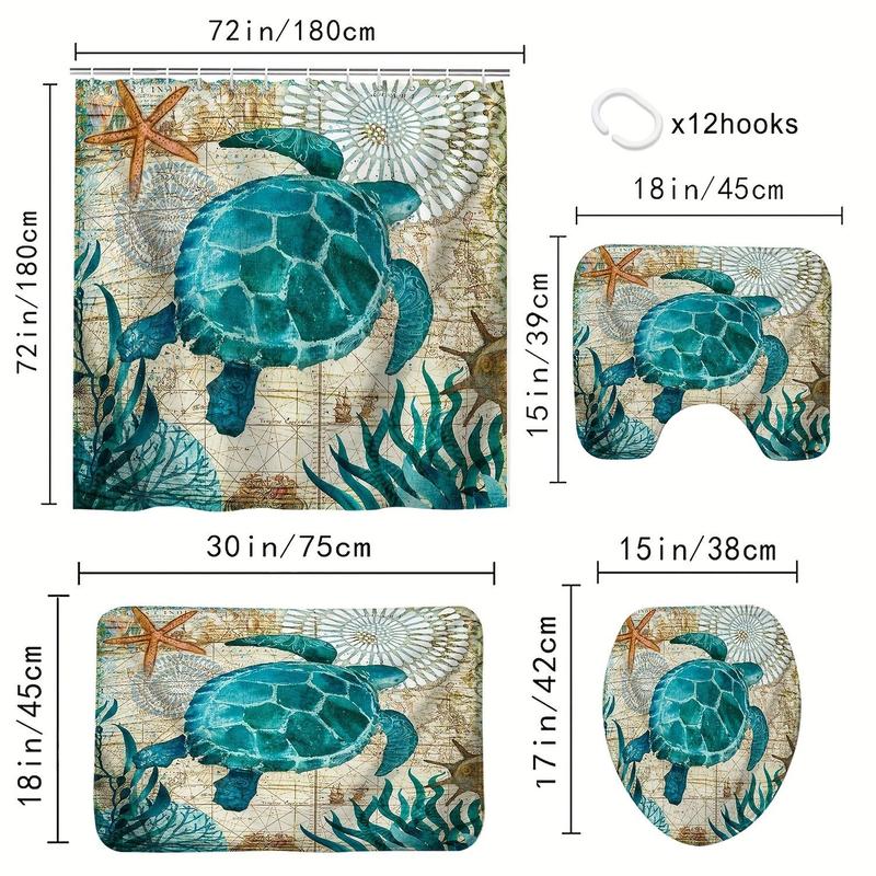 Sea Turtle Pattern Bathroom Decor Set, 4counts/set Bathroom Accessories, Including Shower Curtain, Bath Mat, Toilet Lid Cover and U-shaped Toilet Rug