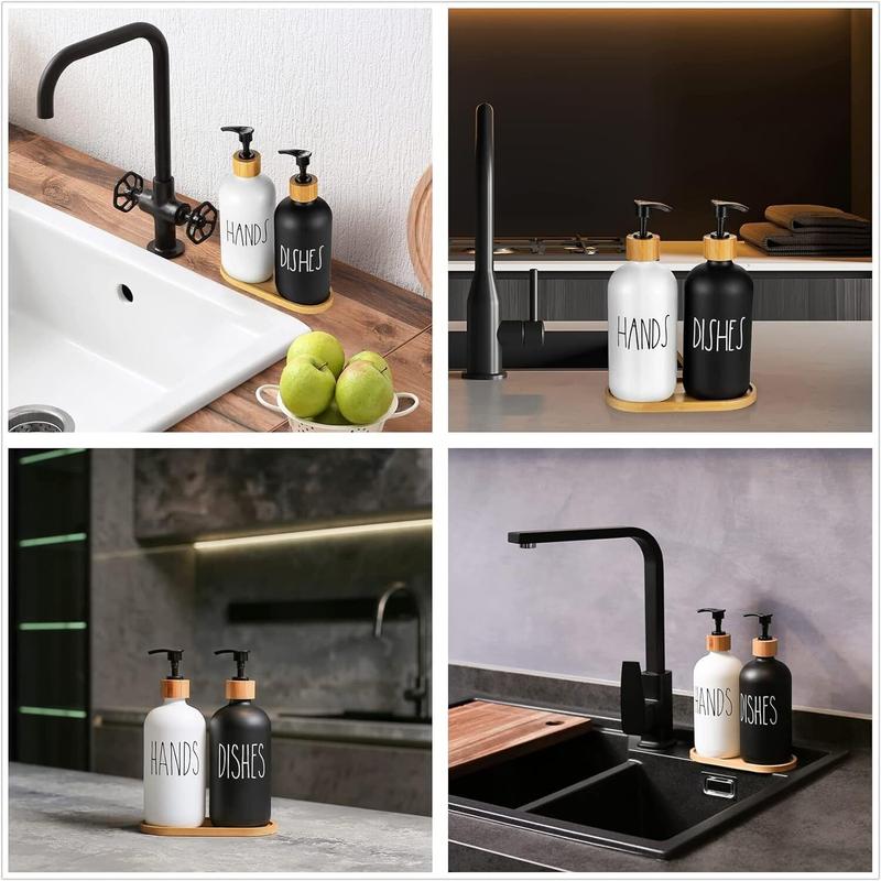 Glass Soap Dispenser Set, Contains Glass Hand Soap Dispenser and Glass Dish Soap Dispenser with Wooden Base Suitable for Black and White Kitchen Decor