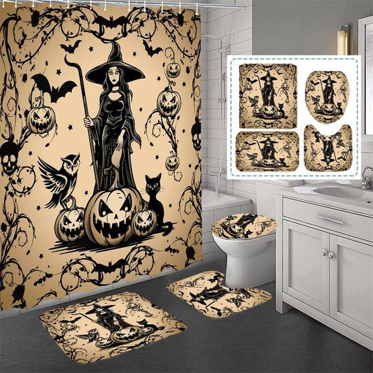 Halloween Themed Witch & Pumpkin Pattern Bathroom Decoration Set, 1 Count/3 Counts/4 Counts Shower Curtain & Toilet Mat & Bath Mat Set, Bathroom Decor Supplies