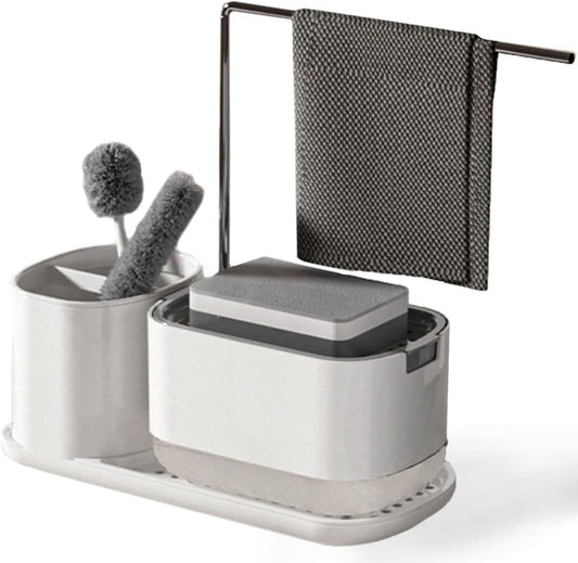 Kitchen Soap Dispenser Set with Tray and Sponge Holder, Dish and Hand Soap Dispenser with Dishcloth Holder 3-in-1 Kitchen Sink Countertop Storage Organizer,Includes Dish Towel and Sponge(White)