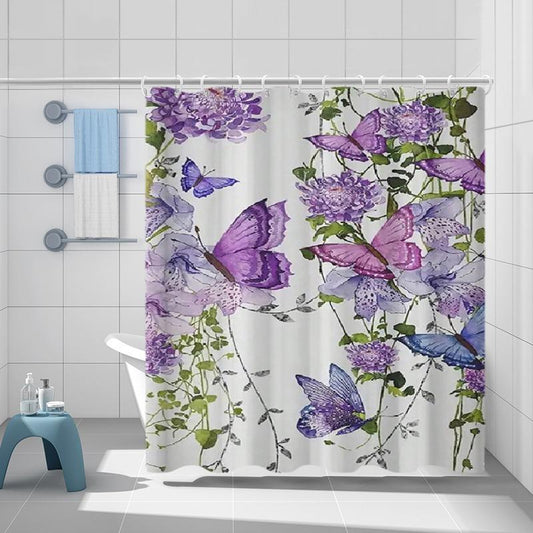 Foldable Butterfly & Leaves Pattern Shower Curtain, 1 Count Waterproof Bathroom Curtain, Shower Curtain With Hooks, Bathroom Supplies