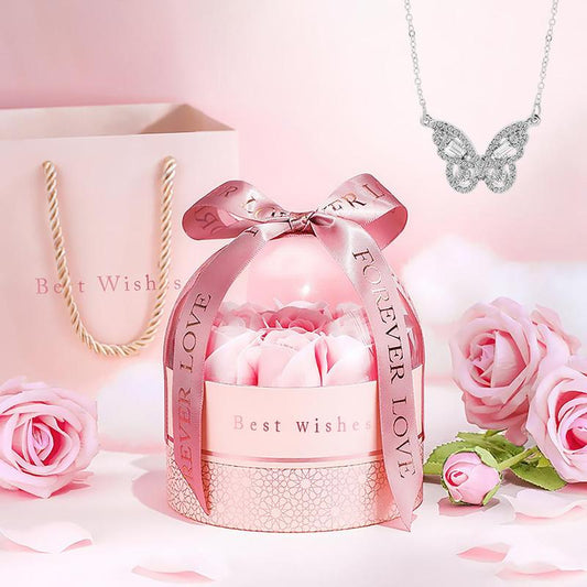 Unique Gift, 1 Count Artificial Rose & Rhinestone Butterfly Necklace Gift Set, Flower Decor Ribbon Bowknot Jewelry Box with Necklace, Spring Party Favors