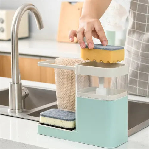 Kitchen Dish Soap Dispenser 4-In-1 Soap Dispenser Set Dish Washing Soap Dispenser Soap Pump Dispenser With Sponge Holder Non-Scratching Soap Brush And Dish Towel