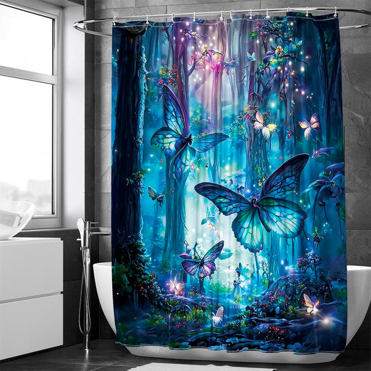 Butterfly & Forest Pattern Bath Curtain, 1 Count Waterproof Shower Curtain with 12pcs Hooks & 1 Count Random Color Strap, Bathroom Decor Supplies for Home Hotel